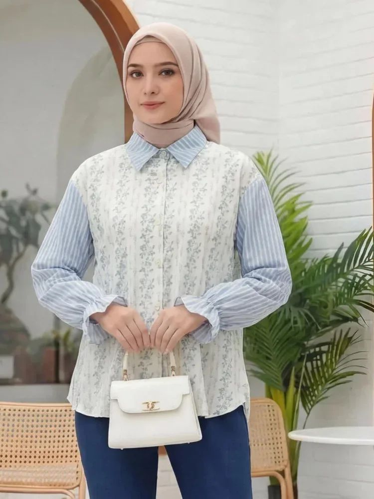 [READY STOCK]ASAYA Kemeja kasual tambal sulam motif bunga bergaris