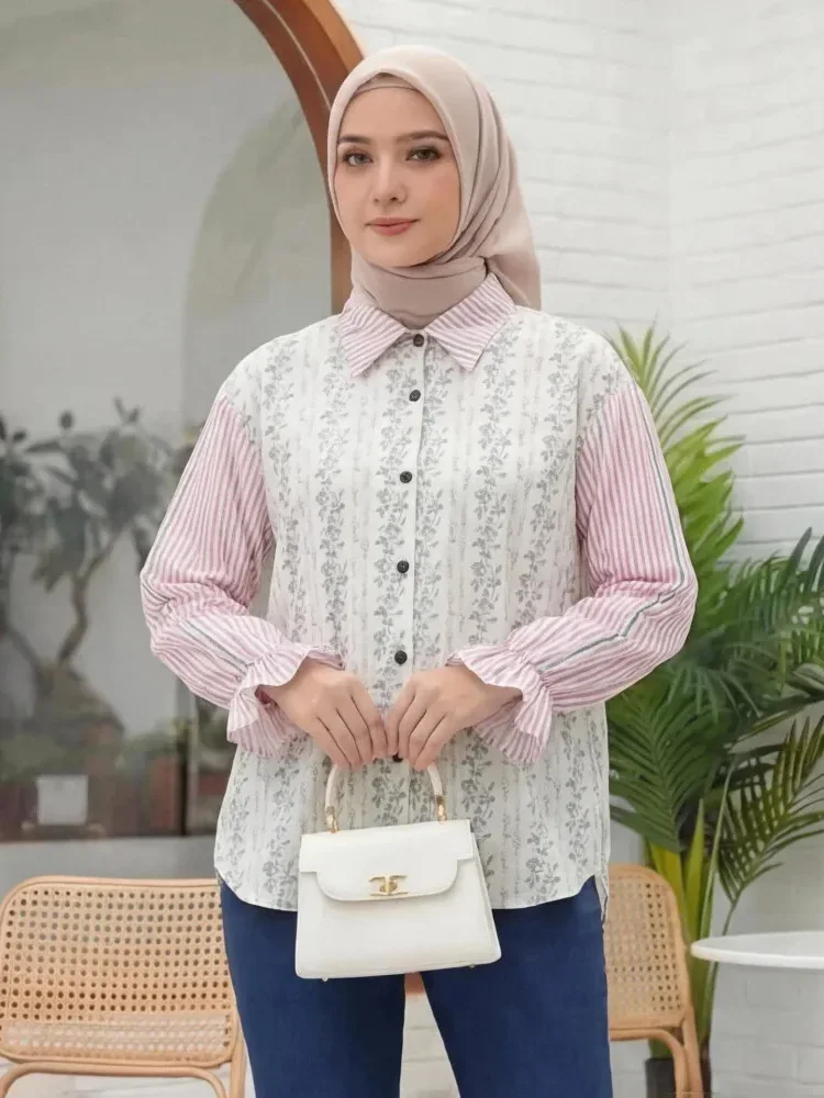 [READY STOCK]ASAYA Kemeja kasual tambal sulam motif bunga bergaris