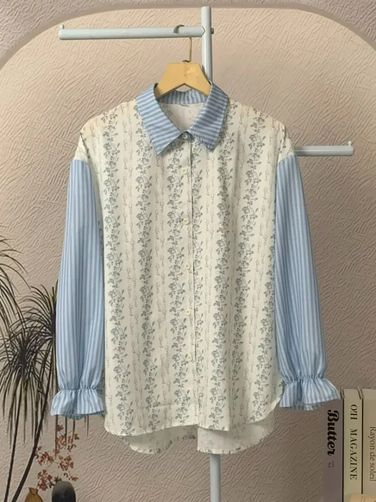 [READY STOCK]ASAYA Kemeja kasual tambal sulam motif bunga bergaris