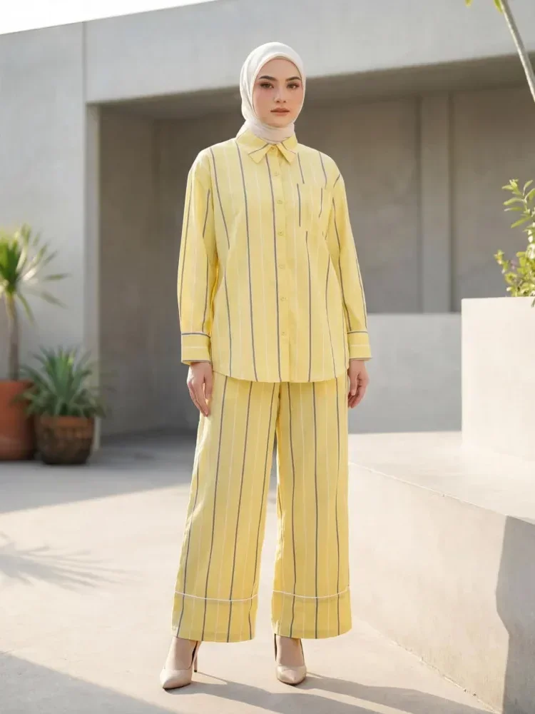 ASAYA Setelan wanita dua potong model longgar dengan atasan kemeja lengan panjang dan celana panjang motif bergaris