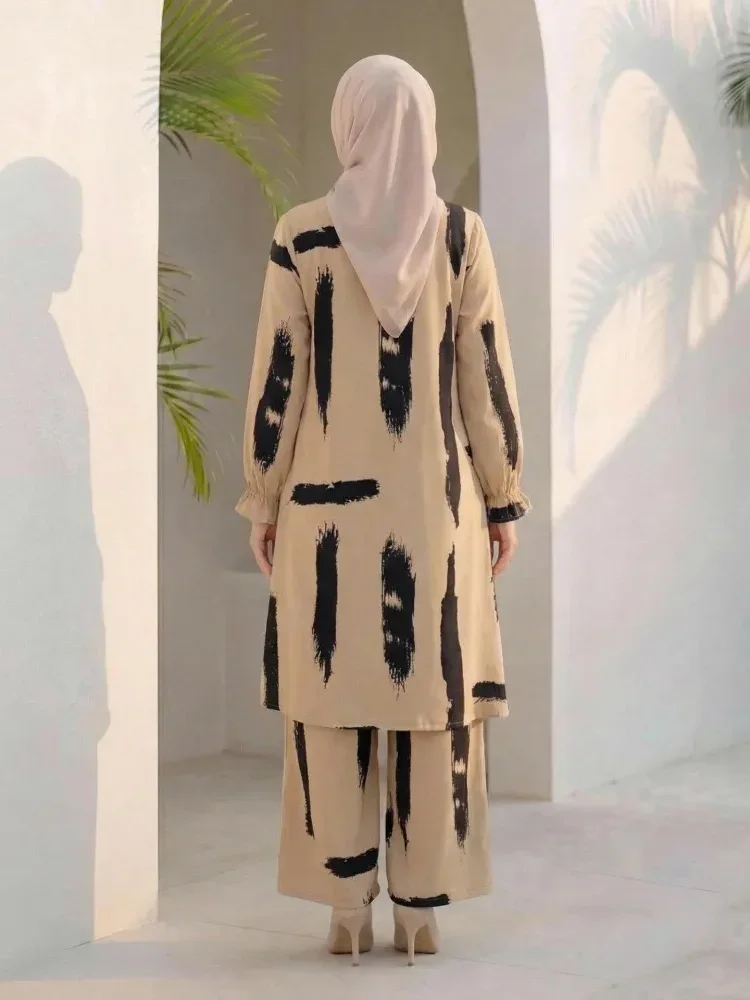 ASAYA Setelan wanita dua potong motif cetak dengan atasan longgar lengan panjang dan celana panjang kaki lebar
