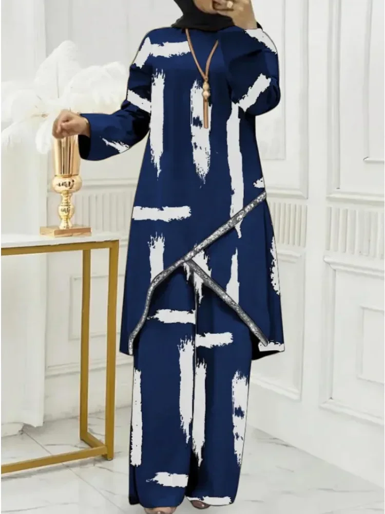 ASAYA Setelan wanita dua potong motif cetak dengan atasan longgar lengan panjang dan celana panjang kaki lebar