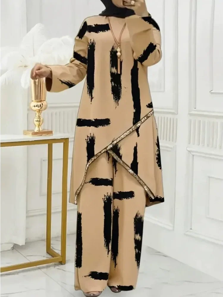 ASAYA Setelan wanita dua potong motif cetak dengan atasan longgar lengan panjang dan celana panjang kaki lebar