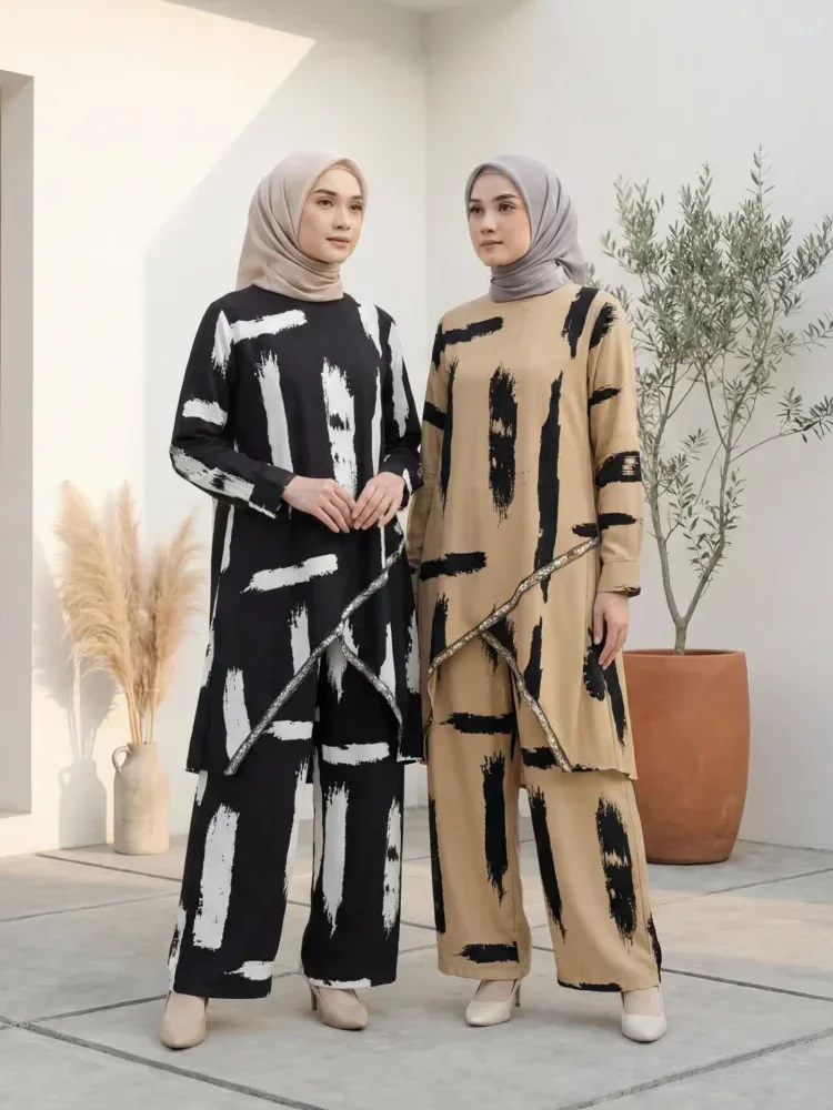ASAYA Setelan wanita dua potong motif cetak dengan atasan longgar lengan panjang dan celana panjang kaki lebar