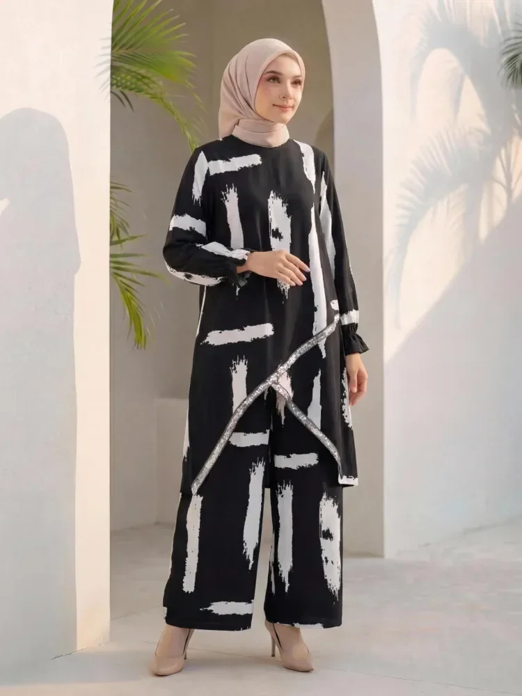 ASAYA Setelan wanita dua potong motif cetak dengan atasan longgar lengan panjang dan celana panjang kaki lebar