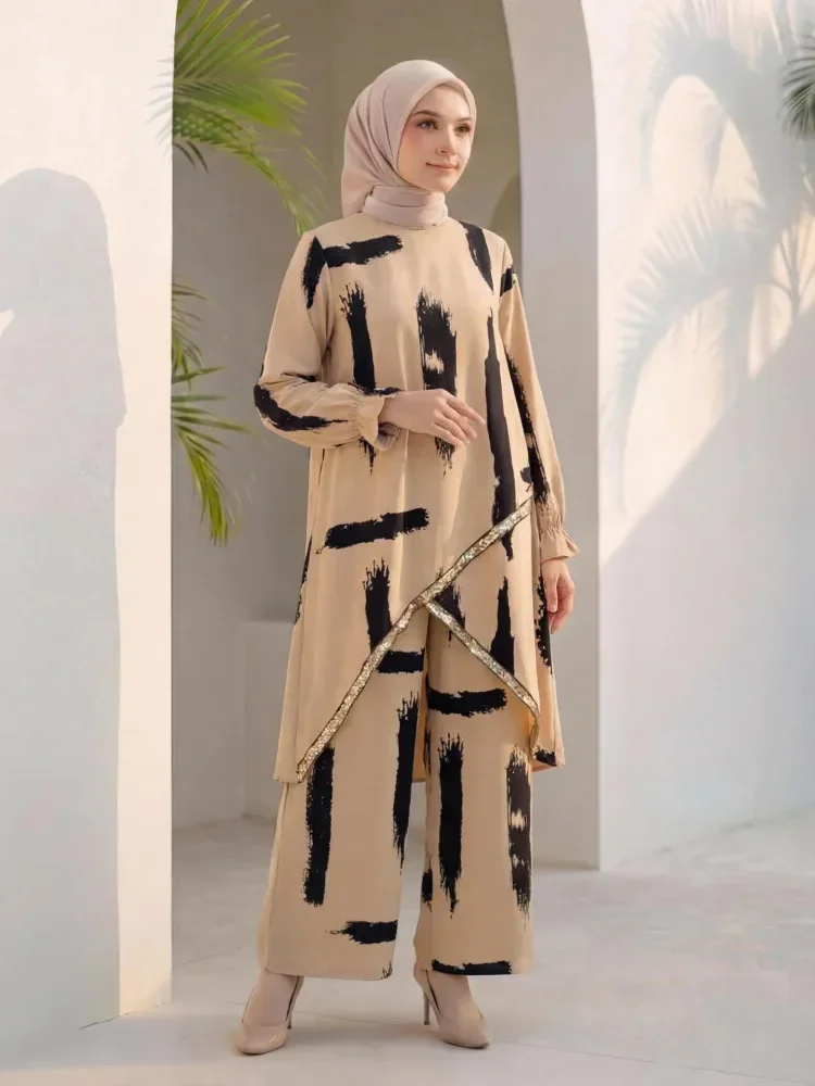 ASAYA Setelan wanita dua potong motif cetak dengan atasan longgar lengan panjang dan celana panjang kaki lebar