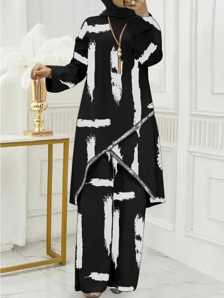 ASAYA Setelan wanita dua potong motif cetak dengan atasan longgar lengan panjang dan celana panjang kaki lebar