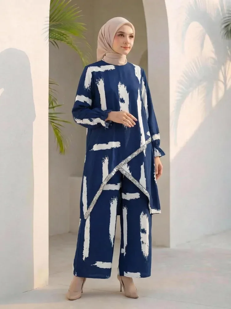 ASAYA Setelan wanita dua potong motif cetak dengan atasan longgar lengan panjang dan celana panjang kaki lebar