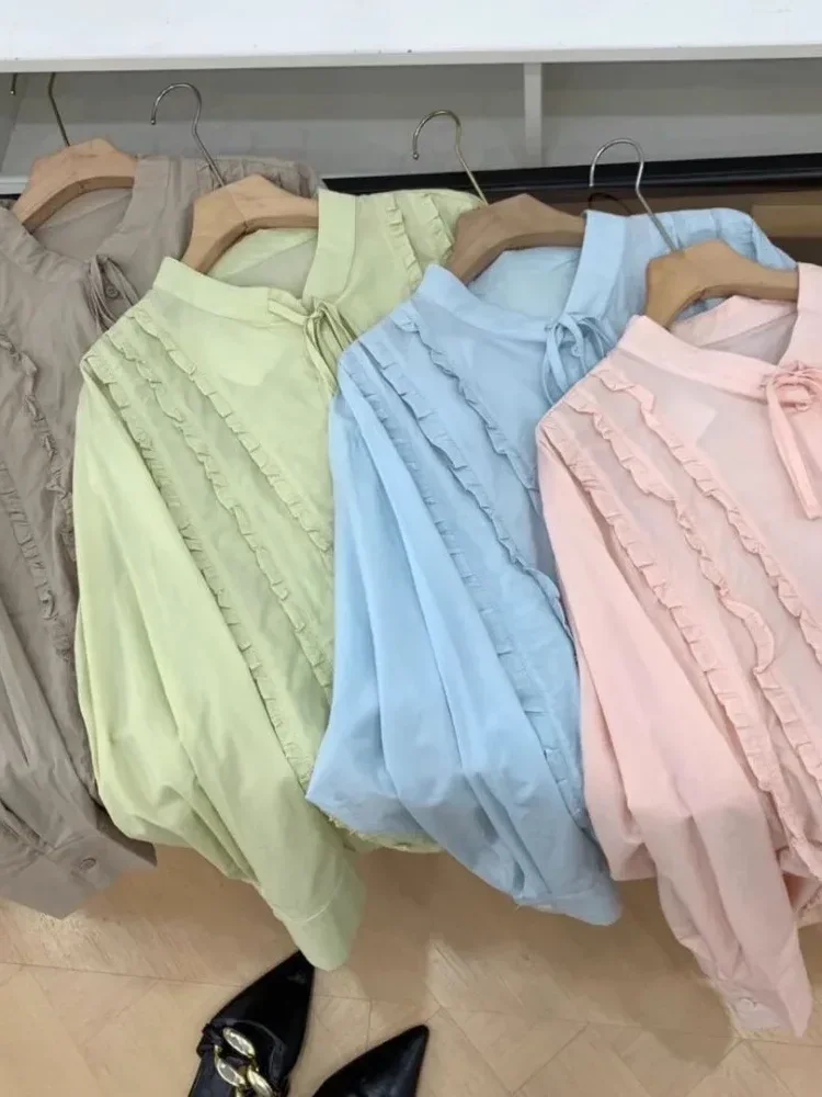 ASAYA Kemeja gaya korean dengan tali pita manis kancing aktif sebaris untuk wanita feminime