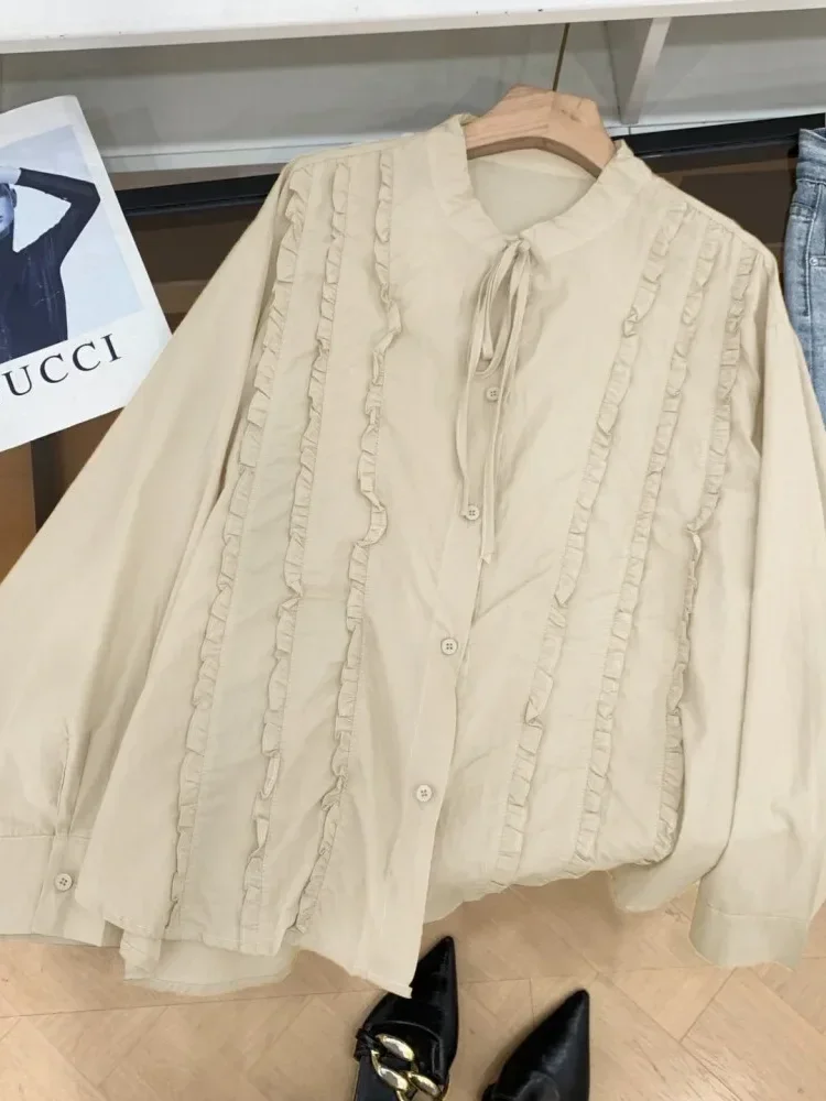 ASAYA Kemeja gaya korean dengan tali pita manis kancing aktif sebaris untuk wanita feminime