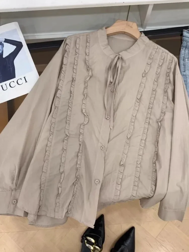 ASAYA Kemeja gaya korean dengan tali pita manis kancing aktif sebaris untuk wanita feminime