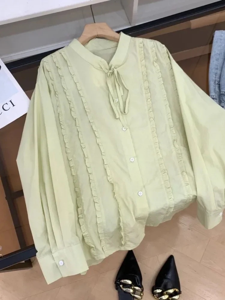 ASAYA Kemeja gaya korean dengan tali pita manis kancing aktif sebaris untuk wanita feminime