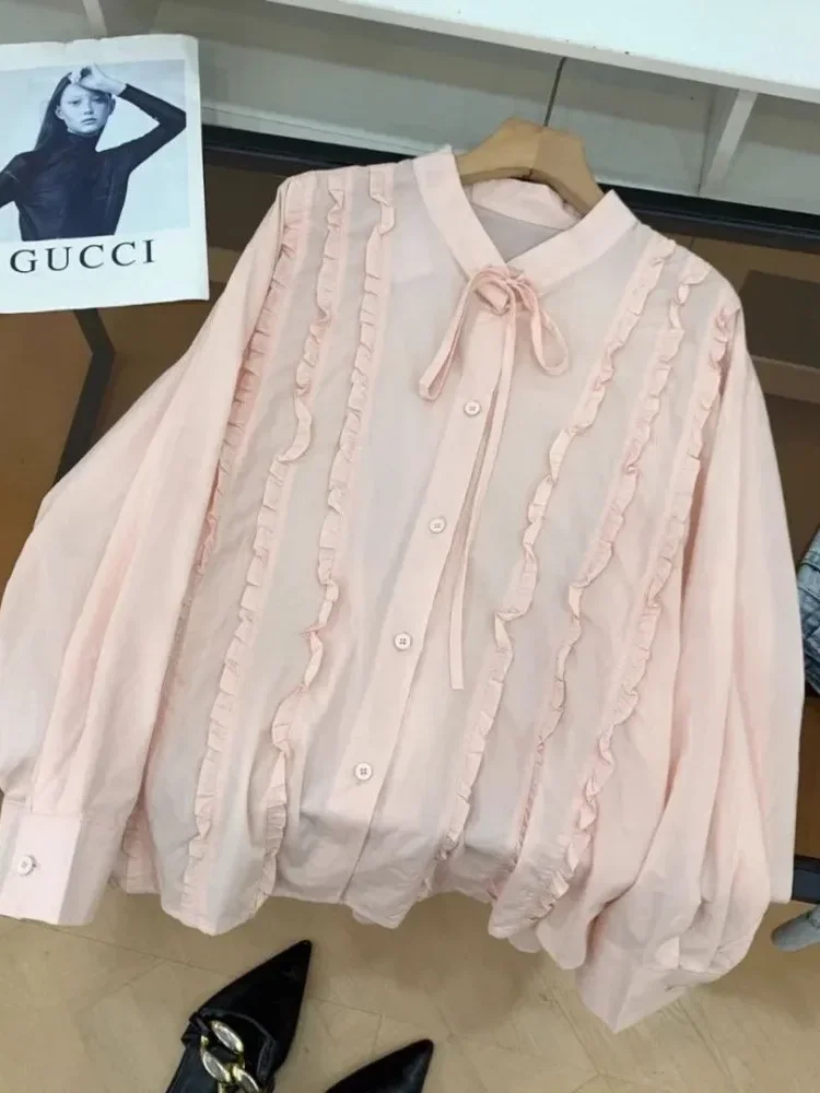 ASAYA Kemeja gaya korean dengan tali pita manis kancing aktif sebaris untuk wanita feminime