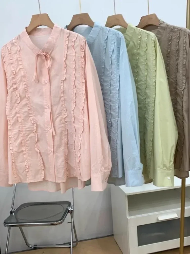 ASAYA Kemeja gaya korean dengan tali pita manis kancing aktif sebaris untuk wanita feminime