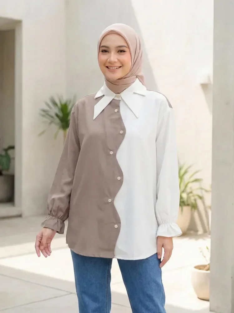 [DISKON KILAT]ASAYA Kemeja wanita longgar lengan panjang kontras motif bergaris kombinasi