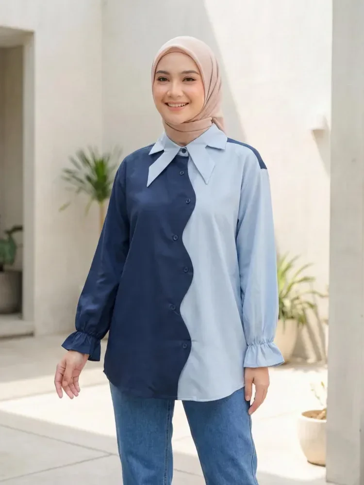 [DISKON KILAT]ASAYA Kemeja wanita longgar lengan panjang kontras motif bergaris kombinasi