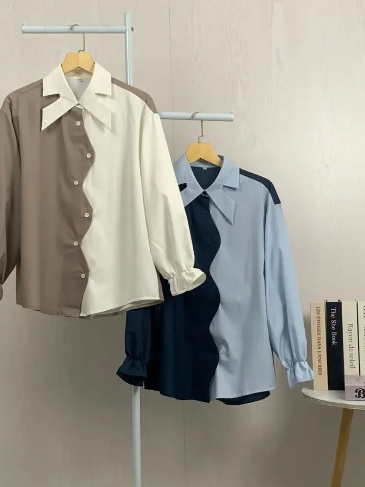 [DISKON KILAT]ASAYA Kemeja wanita longgar lengan panjang kontras motif bergaris kombinasi