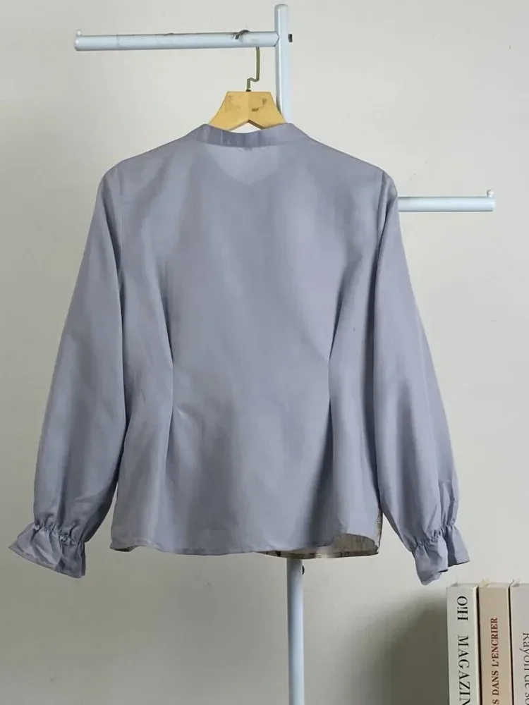 ASAYA Kemeja baru dengan motif tumbuhan retro, campuran warna, dan pinggang yang disempitkan