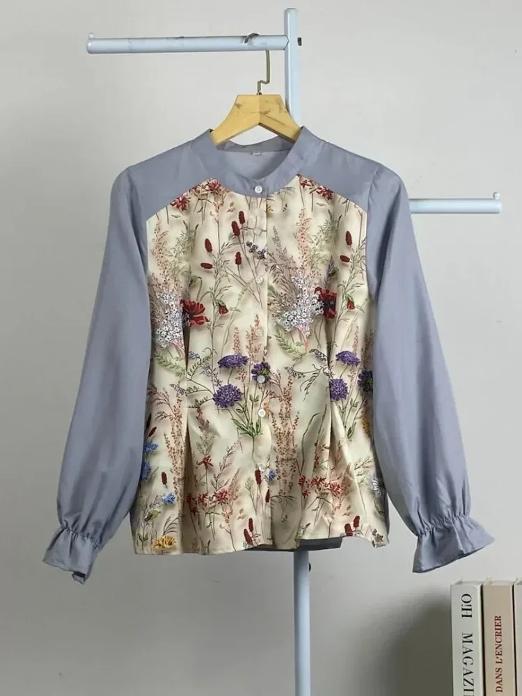 ASAYA Kemeja baru dengan motif tumbuhan retro, campuran warna, dan pinggang yang disempitkan