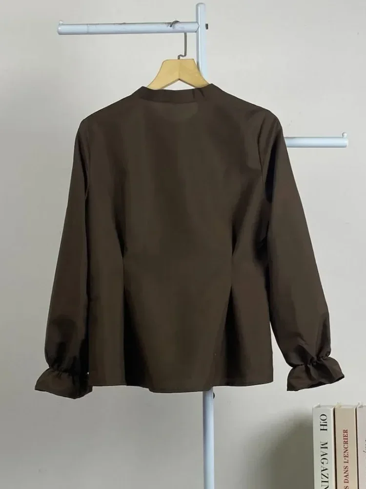 ASAYA Kemeja baru dengan motif tumbuhan retro, campuran warna, dan pinggang yang disempitkan