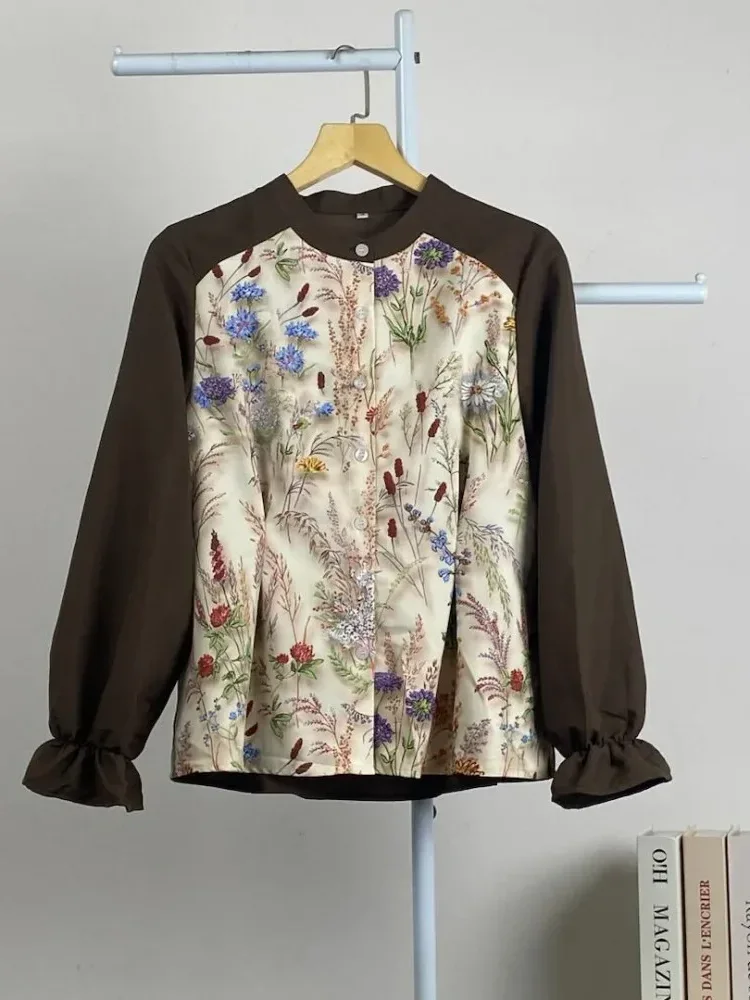 ASAYA Kemeja baru dengan motif tumbuhan retro, campuran warna, dan pinggang yang disempitkan