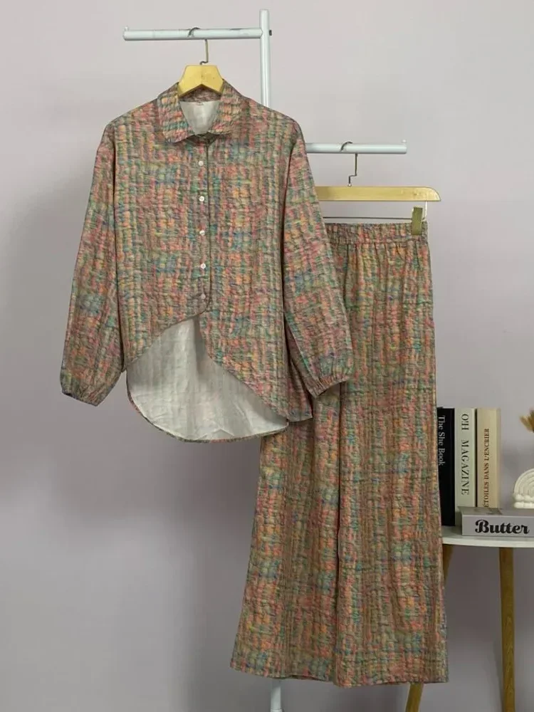 [DISKON KILAT]ASAYA Setelan kasual bergaya retro berupa kemeja bertekstur dan celana lebar