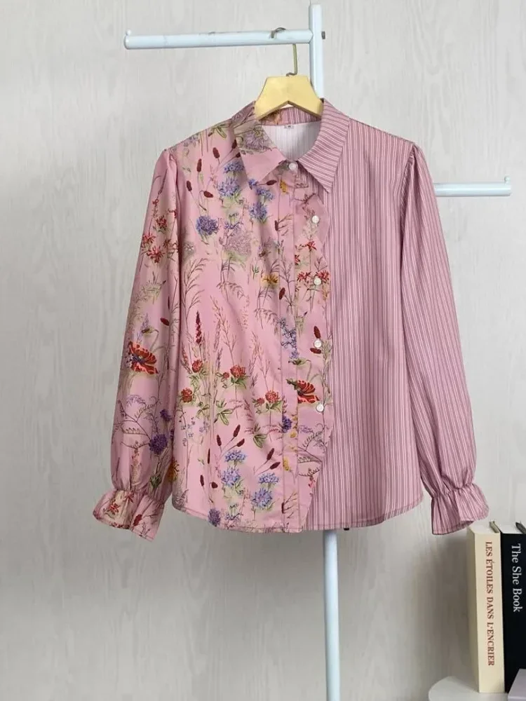 ASAYA Kemeja polkadot warna-warni yang stylish dengan pinggiran renda