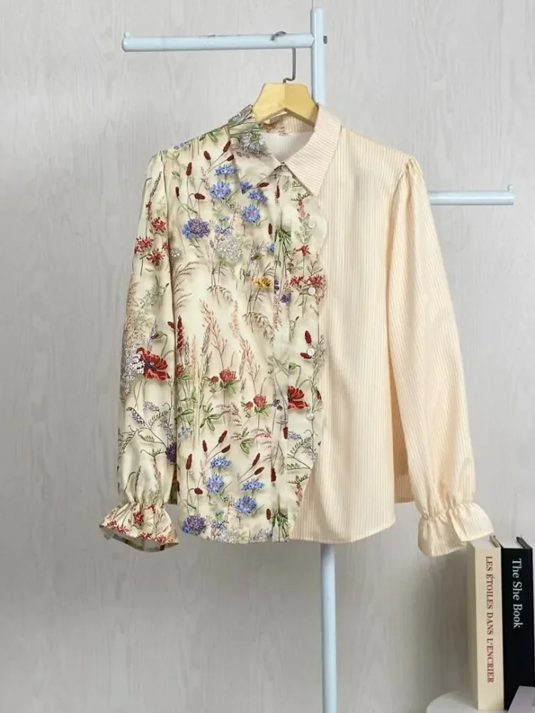 ASAYA Kemeja polkadot warna-warni yang stylish dengan pinggiran renda