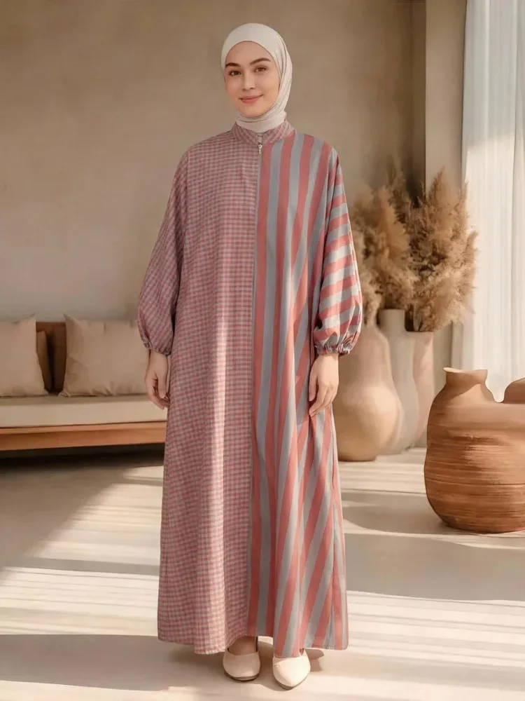 [DISKON KILAT]ASAYA Gaun gaya modis dengan kerah setengah terbuka dan motif geometris retro wanita