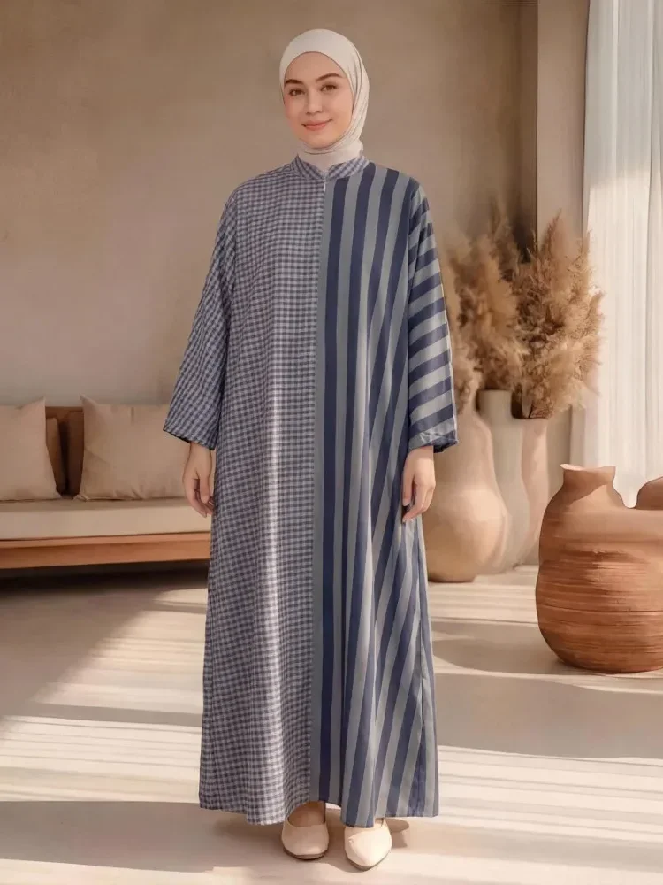 [DISKON KILAT]ASAYA Gaun gaya modis dengan kerah setengah terbuka dan motif geometris retro wanita