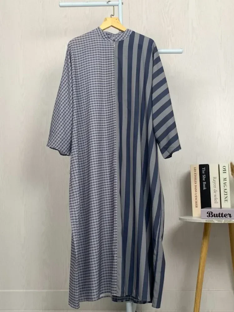 [DISKON KILAT]ASAYA Gaun gaya modis dengan kerah setengah terbuka dan motif geometris retro wanita