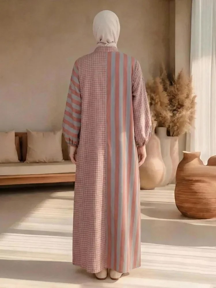 [DISKON KILAT]ASAYA Gaun gaya modis dengan kerah setengah terbuka dan motif geometris retro wanita