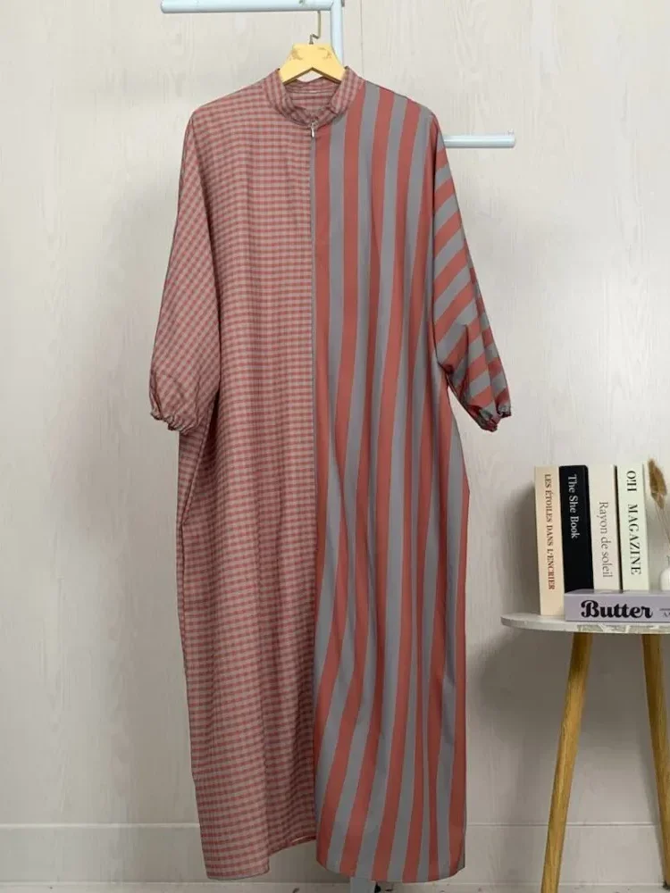 [DISKON KILAT]ASAYA Gaun gaya modis dengan kerah setengah terbuka dan motif geometris retro wanita