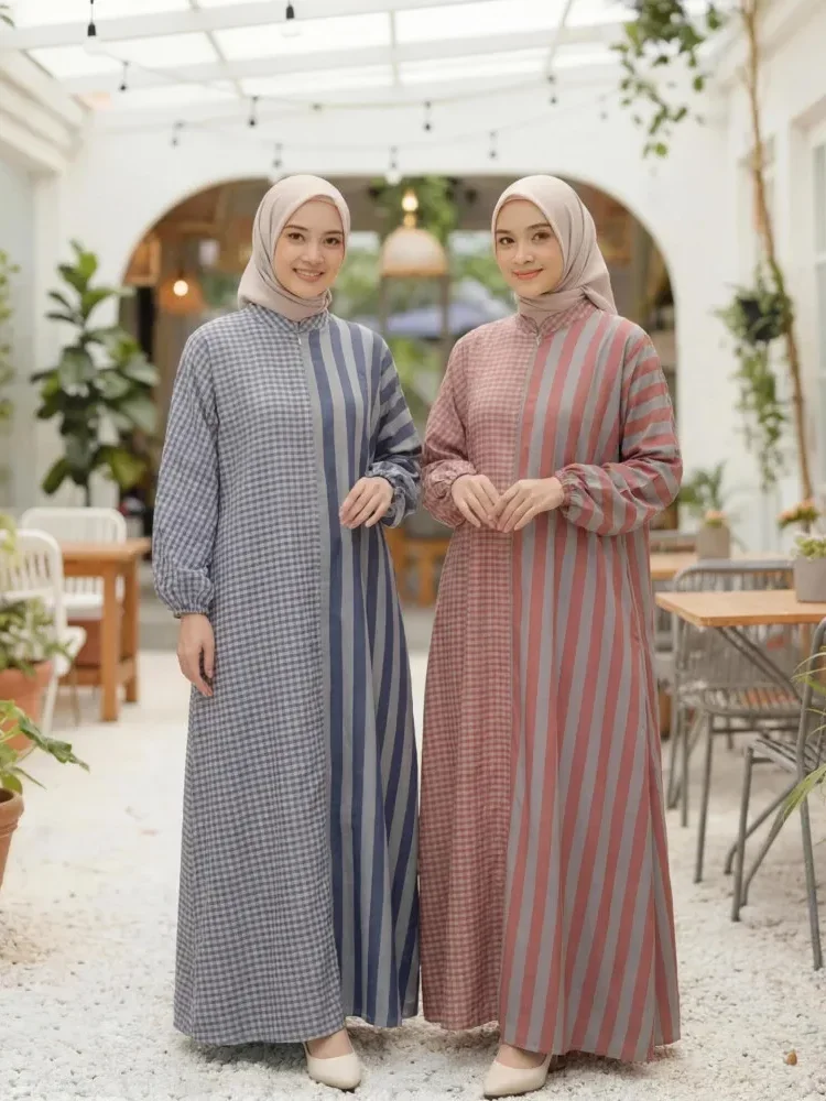 [DISKON KILAT]ASAYA Gaun gaya modis dengan kerah setengah terbuka dan motif geometris retro wanita