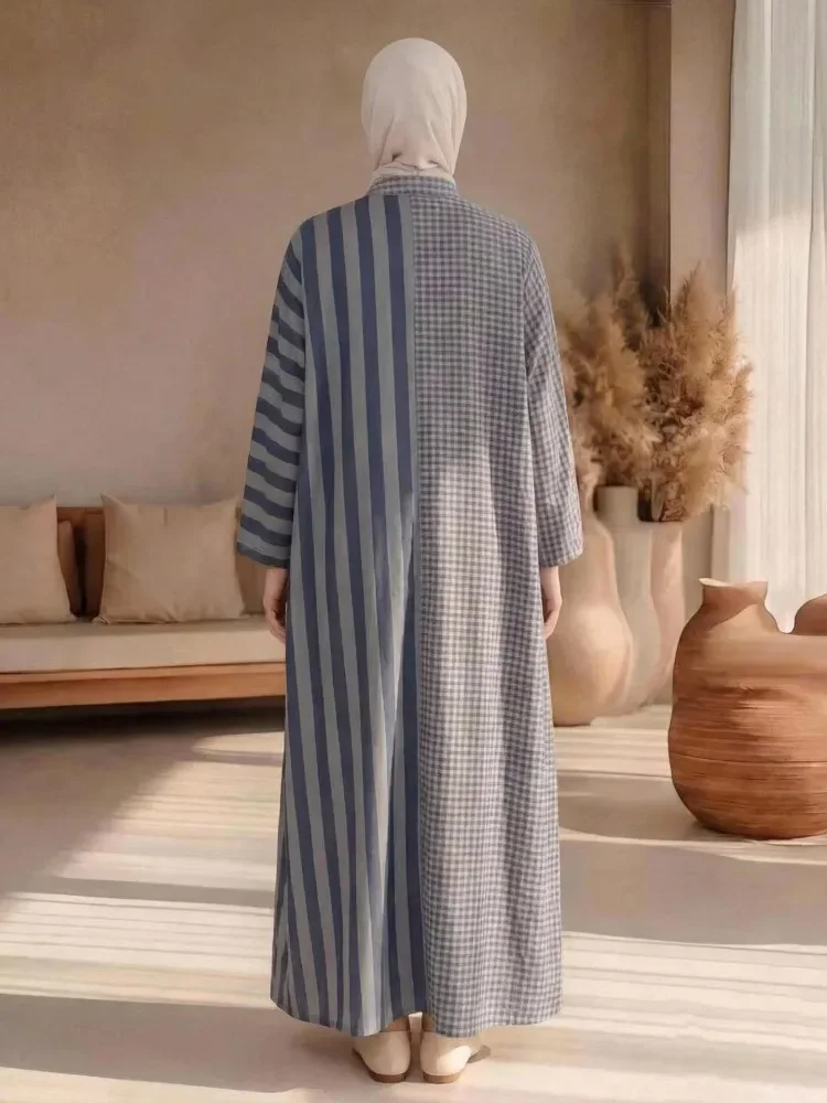 [DISKON KILAT]ASAYA Gaun gaya modis dengan kerah setengah terbuka dan motif geometris retro wanita