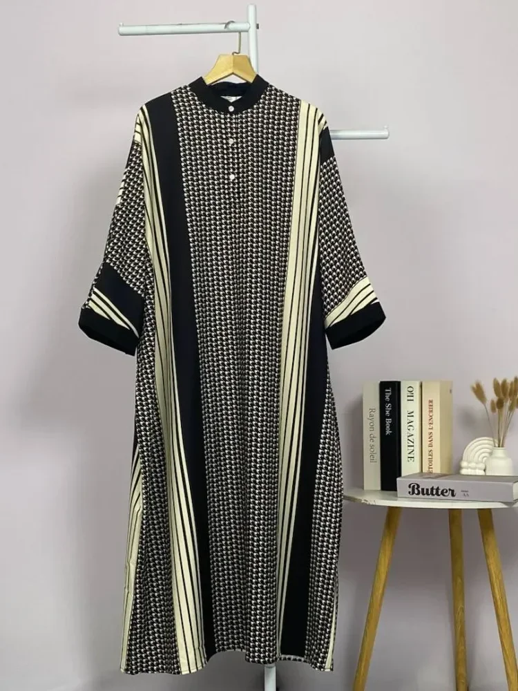 [READY STOCK]ASAYA Gamis wanita elegan motif houndstooth garis modern kekinian