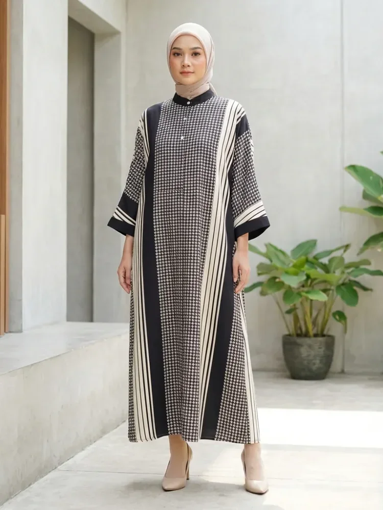 [READY STOCK]ASAYA Gamis wanita elegan motif houndstooth garis modern kekinian