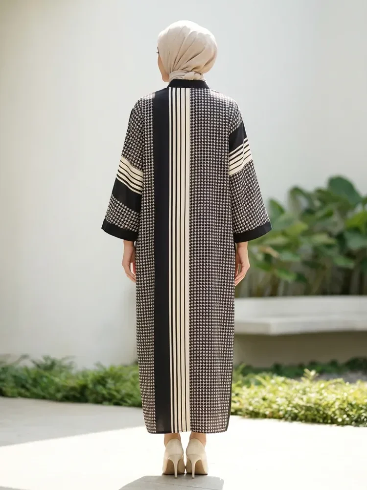 [READY STOCK]ASAYA Gamis wanita elegan motif houndstooth garis modern kekinian