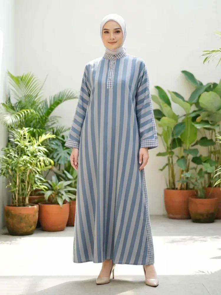 ASAYA Gamis wanita elegan motif garis kotak biru abu modern kekinian