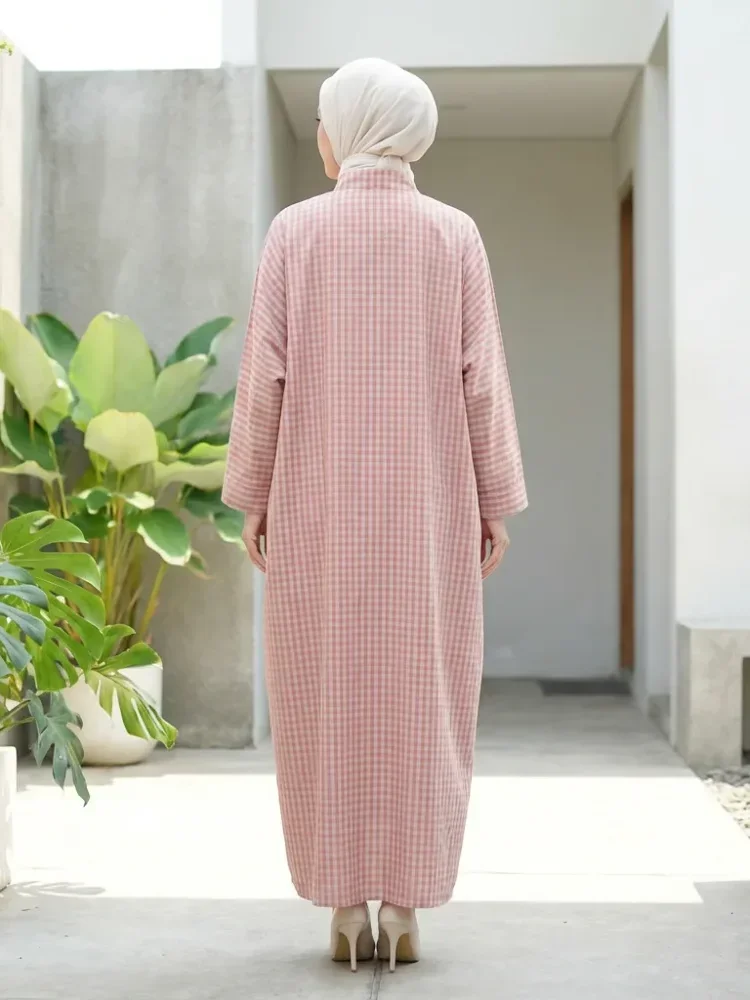 ASAYA Gamis wanita elegan motif garis kotak biru abu modern kekinian