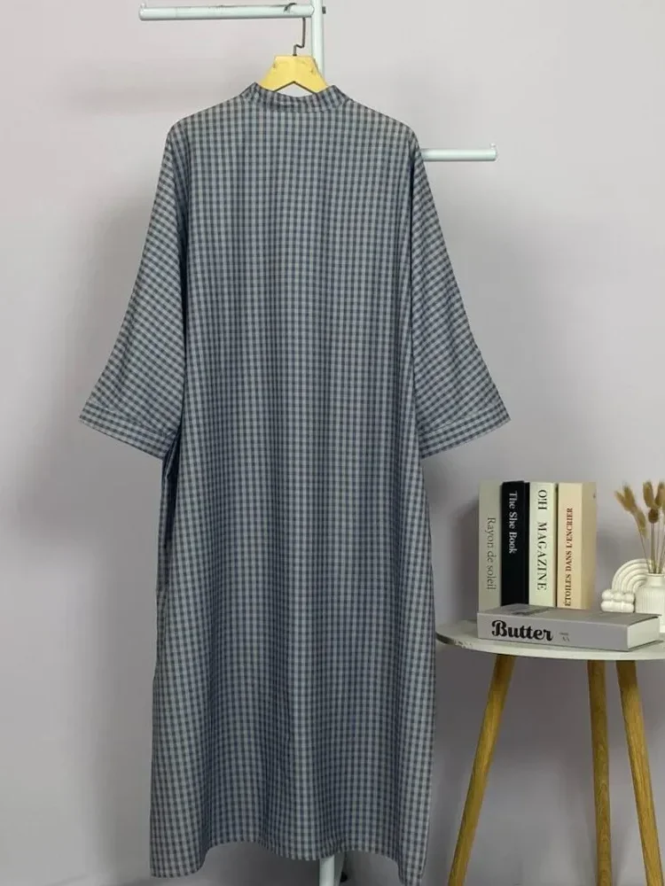 ASAYA Gamis wanita elegan motif garis kotak biru abu modern kekinian