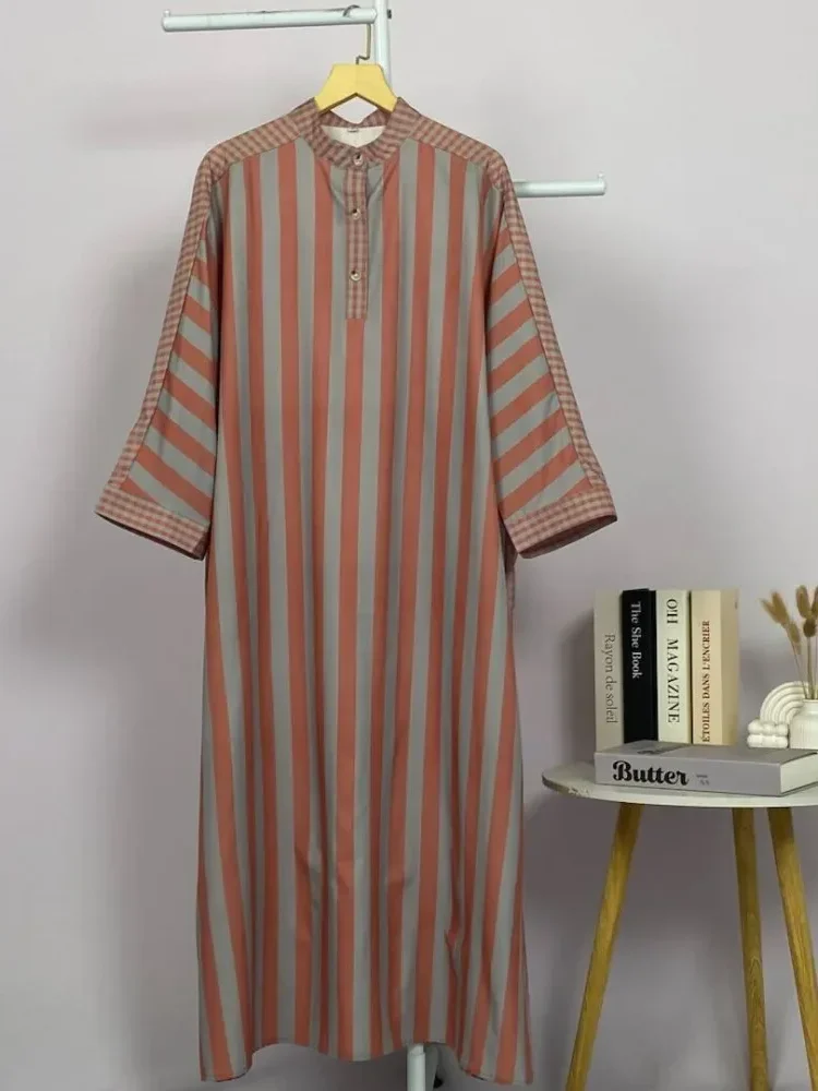 ASAYA Gamis wanita elegan motif garis kotak biru abu modern kekinian