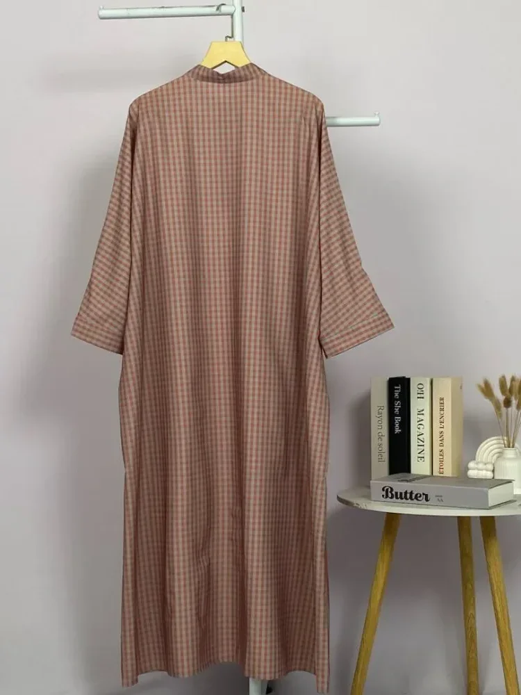 ASAYA Gamis wanita elegan motif garis kotak biru abu modern kekinian