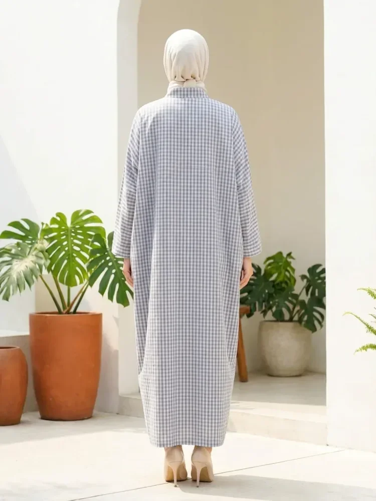 ASAYA Gamis wanita elegan motif garis kotak biru abu modern kekinian