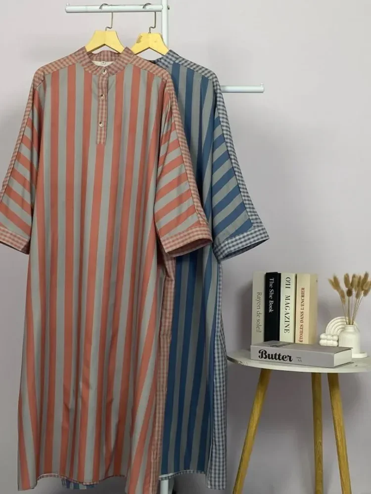 ASAYA Gamis wanita elegan motif garis kotak biru abu modern kekinian