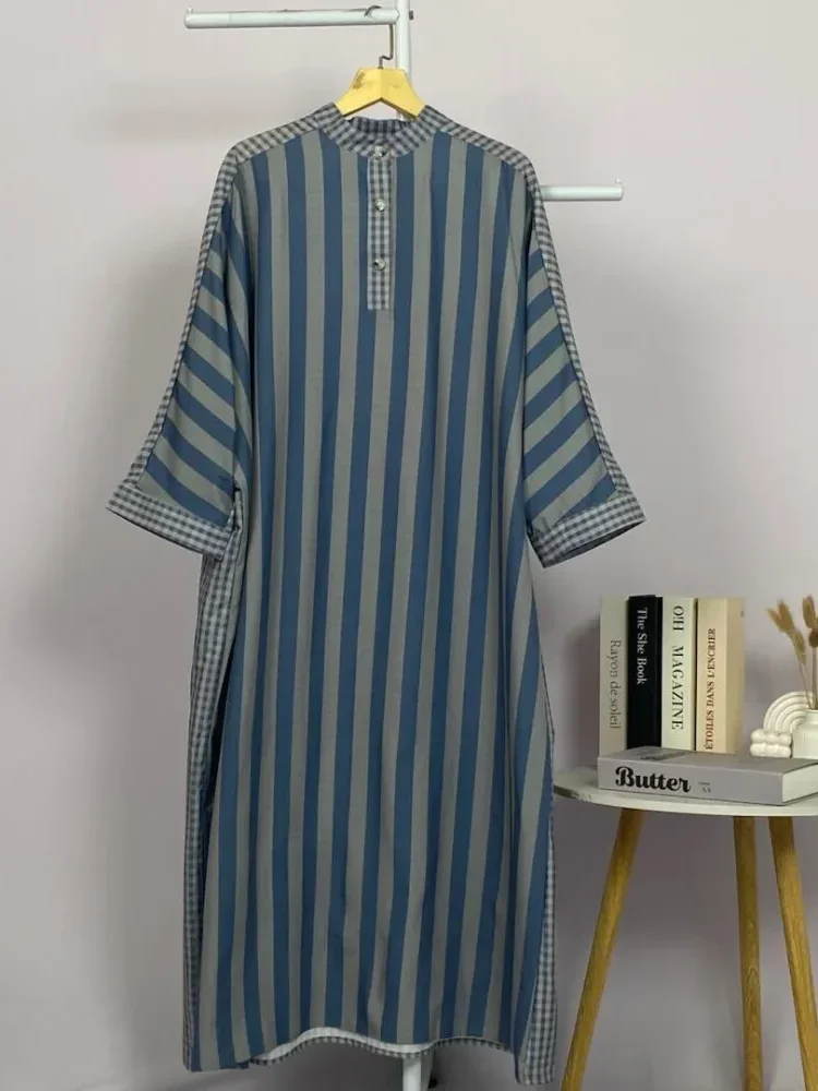 ASAYA Gamis wanita elegan motif garis kotak biru abu modern kekinian