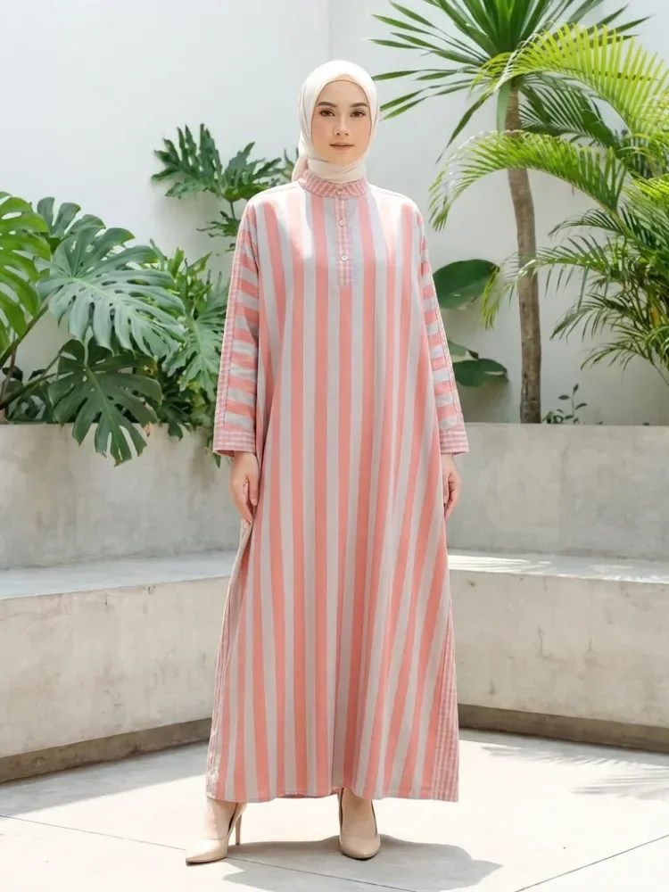 ASAYA Gamis wanita elegan motif garis kotak biru abu modern kekinian