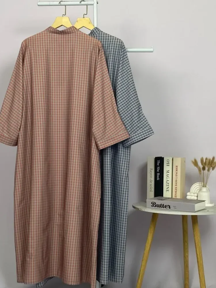 ASAYA Gamis wanita elegan motif garis kotak biru abu modern kekinian