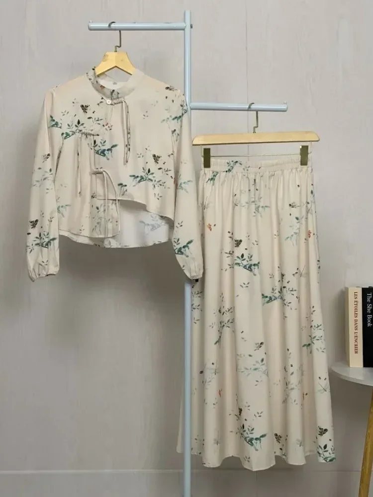 ASAYA Kemeja lengan panjang unik dengan desain tidak beraturan, motif ala tiongkok, kancing buatan tangan, atasan lengan panjang dengan kerah, dan setelan dua potong rok panjang