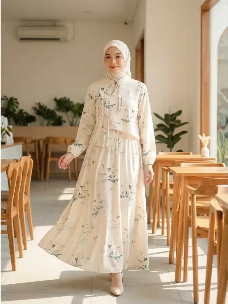 ASAYA Kemeja lengan panjang unik dengan desain tidak beraturan, motif ala tiongkok, kancing buatan tangan, atasan lengan panjang dengan kerah, dan setelan dua potong rok panjang